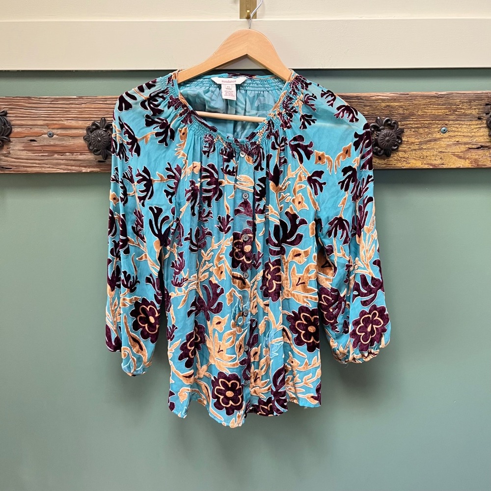 Sundance Silk Blend Floral Burnout Velvet Blouse Turquoise Purple XS Boho Top